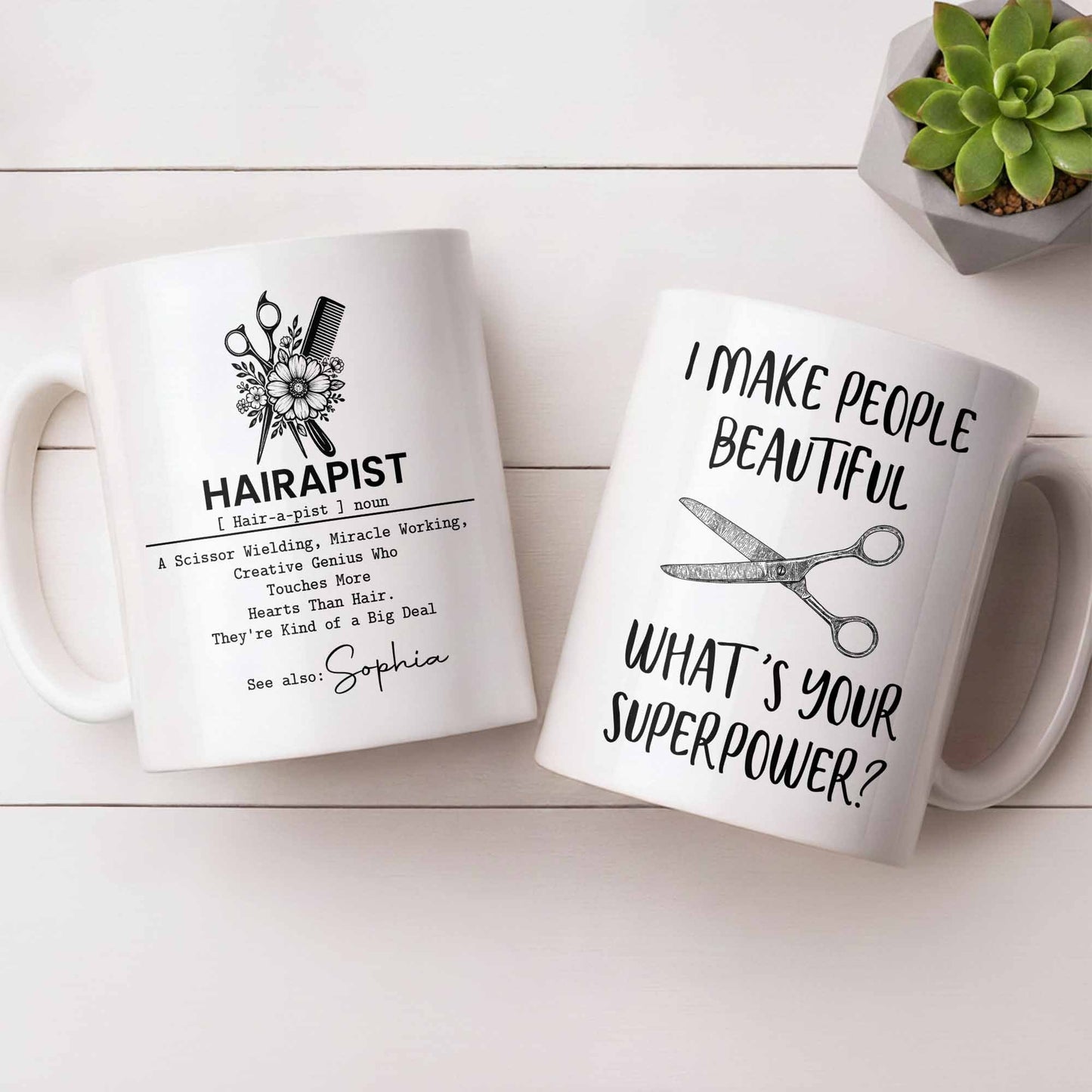 Personalized hair stylist mug featuring Hairapist definition and floral scissors design for hairdresser gifts image 9