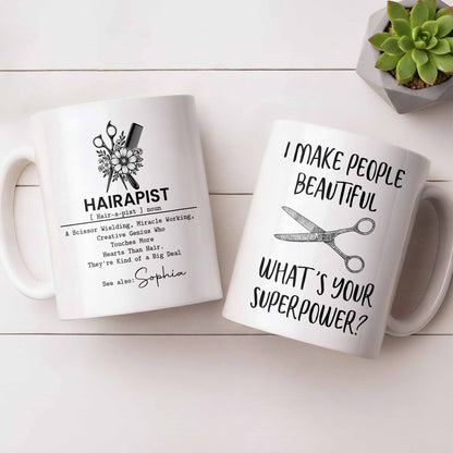Personalized hair stylist mug featuring Hairapist definition and floral scissors design for hairdresser gifts image 9