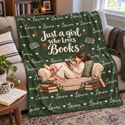 Just A Girl Who Loves Books Personalized Blanket - Custom Book Lover Gift for Readers, Cozy Reading Nook Throw