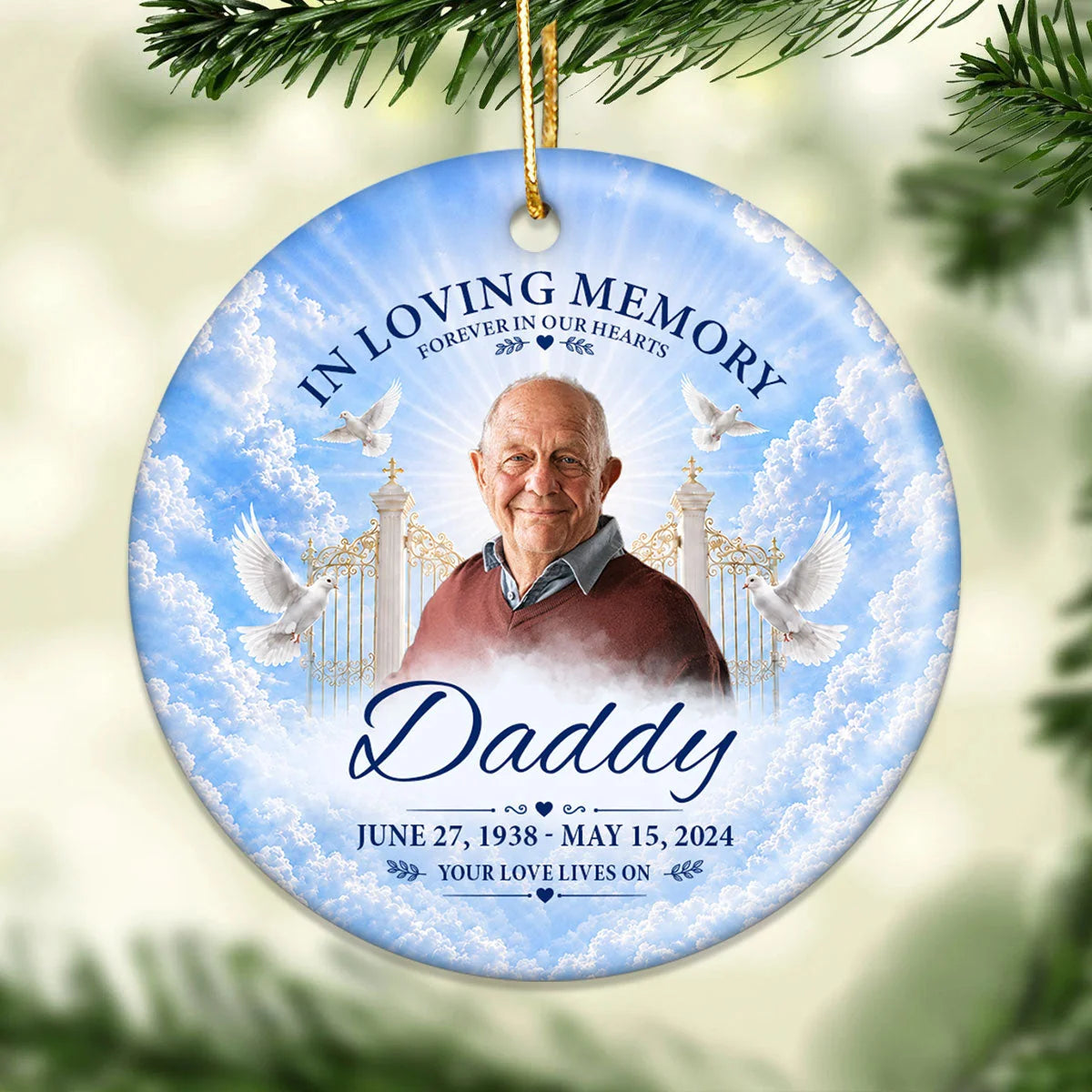 "In Loving Memory Your Love Lives On" Personalized Ceramic Ornament - Custom Photo Memorial Keepsake Gift