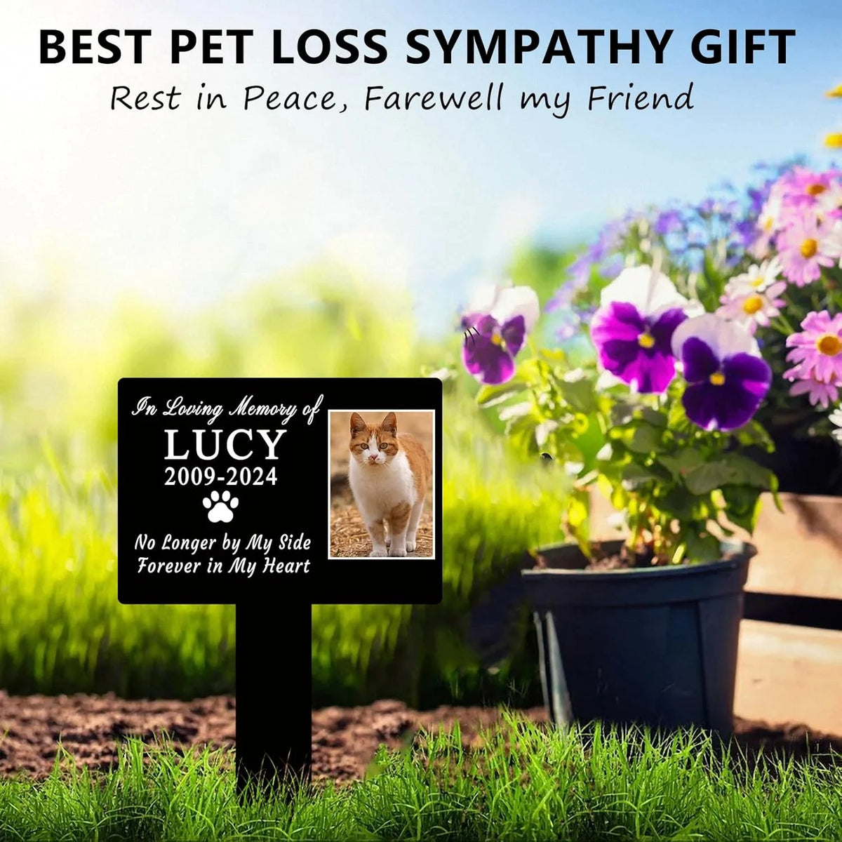 "Forever In My Heart" Personalized Cat Memorial Garden Stake - Custom Pet Grave Marker Plaque