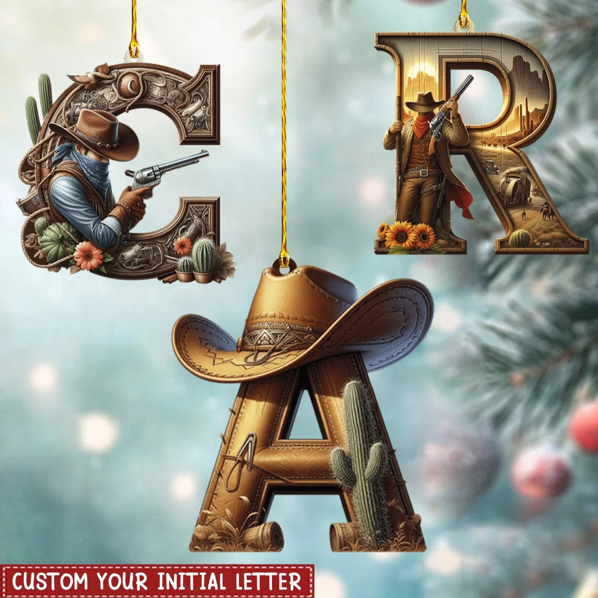 Personalized Western Christmas Ornament - Custom Cowboy Hat Monogram Initial Acrylic Hanging Keepsake
