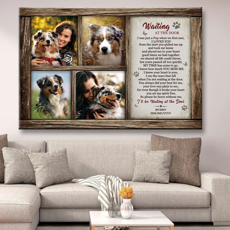 Waiting at the Door Personalized Dog Memorial Canvas / Poster - Custom Photo Collage Wall Art for Pet Loss