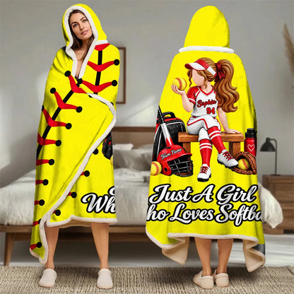 Just A Girl Who Loves Softball - Personalized Wearable Blanket Hoodie with Custom Name & Number, Gift For  Softball Players A2110 T24 VN09
