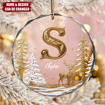 Personalized Christmas Glass Ornament with Golden Monogram & Winter Deer - Keepsake for Family