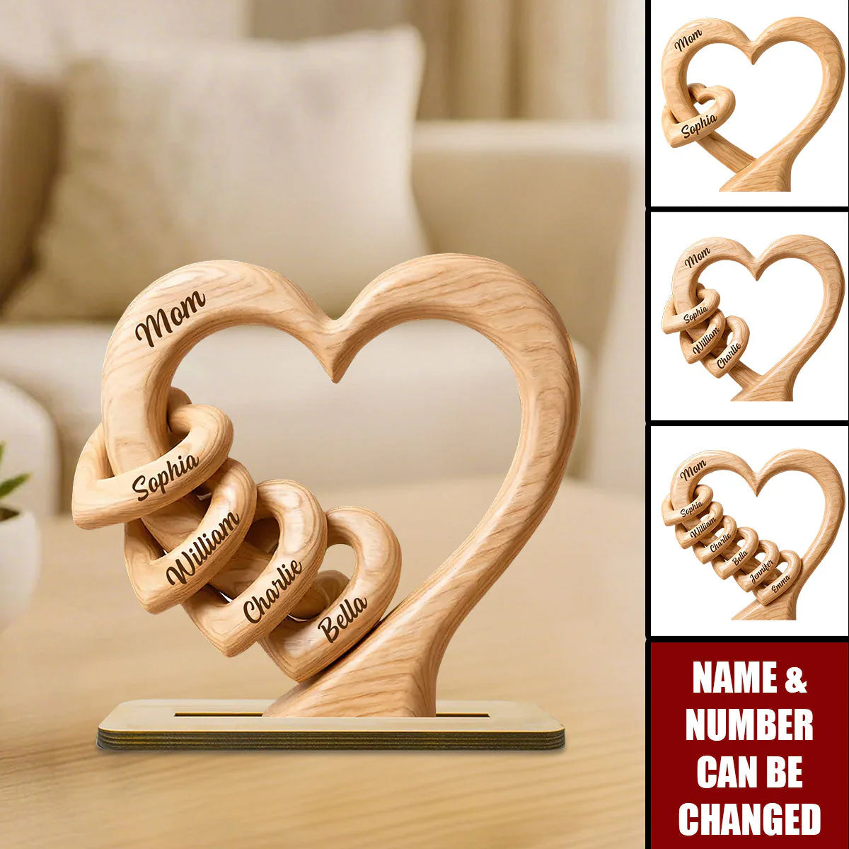 Personalized mom heart wooden plaque with custom children names engraved - unique Mother's Day gift for mom