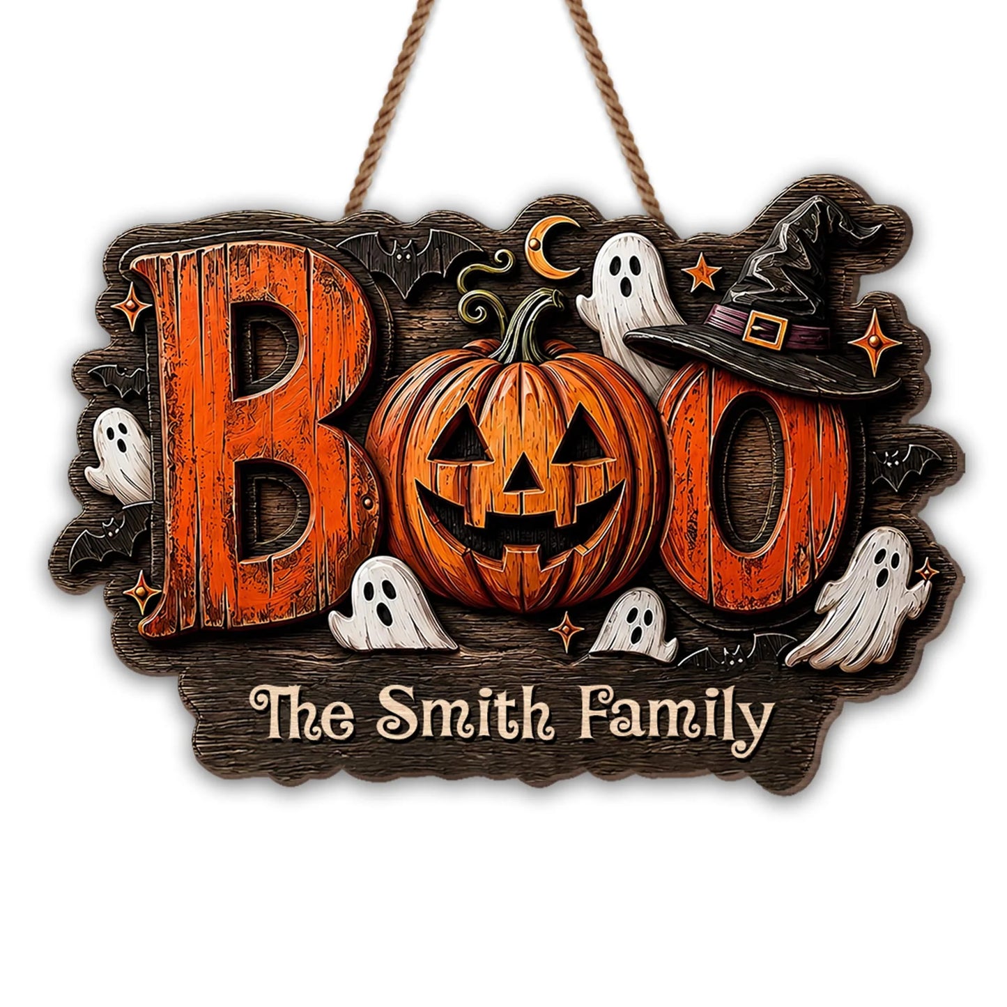 BOO Our Family Spooky Pumpkin and Ghost Personalized Wood Sign - Custom Halloween Home Decor