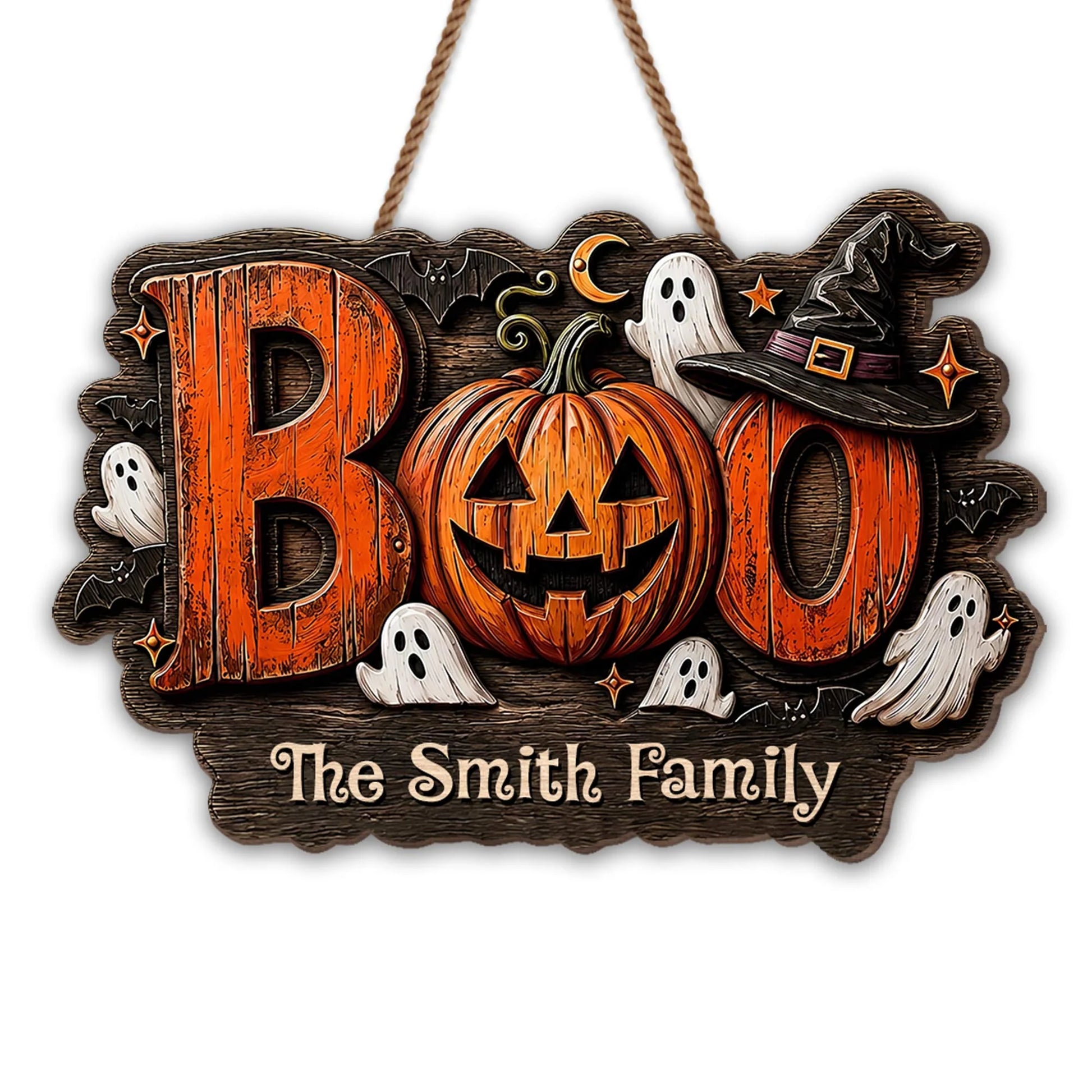BOO Our Family Spooky Pumpkin and Ghost Personalized Wood Sign - Custom Halloween Home Decor