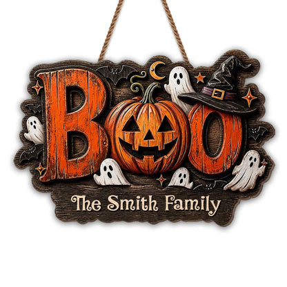 BOO Our Family Spooky Pumpkin and Ghost Personalized Wood Sign - Custom Halloween Home Decor