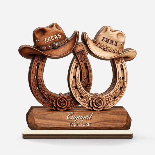 Personalized Western Horseshoe Wooden Plaque - Custom Cowboy Hat Engagement Keepsake Gift for Couples