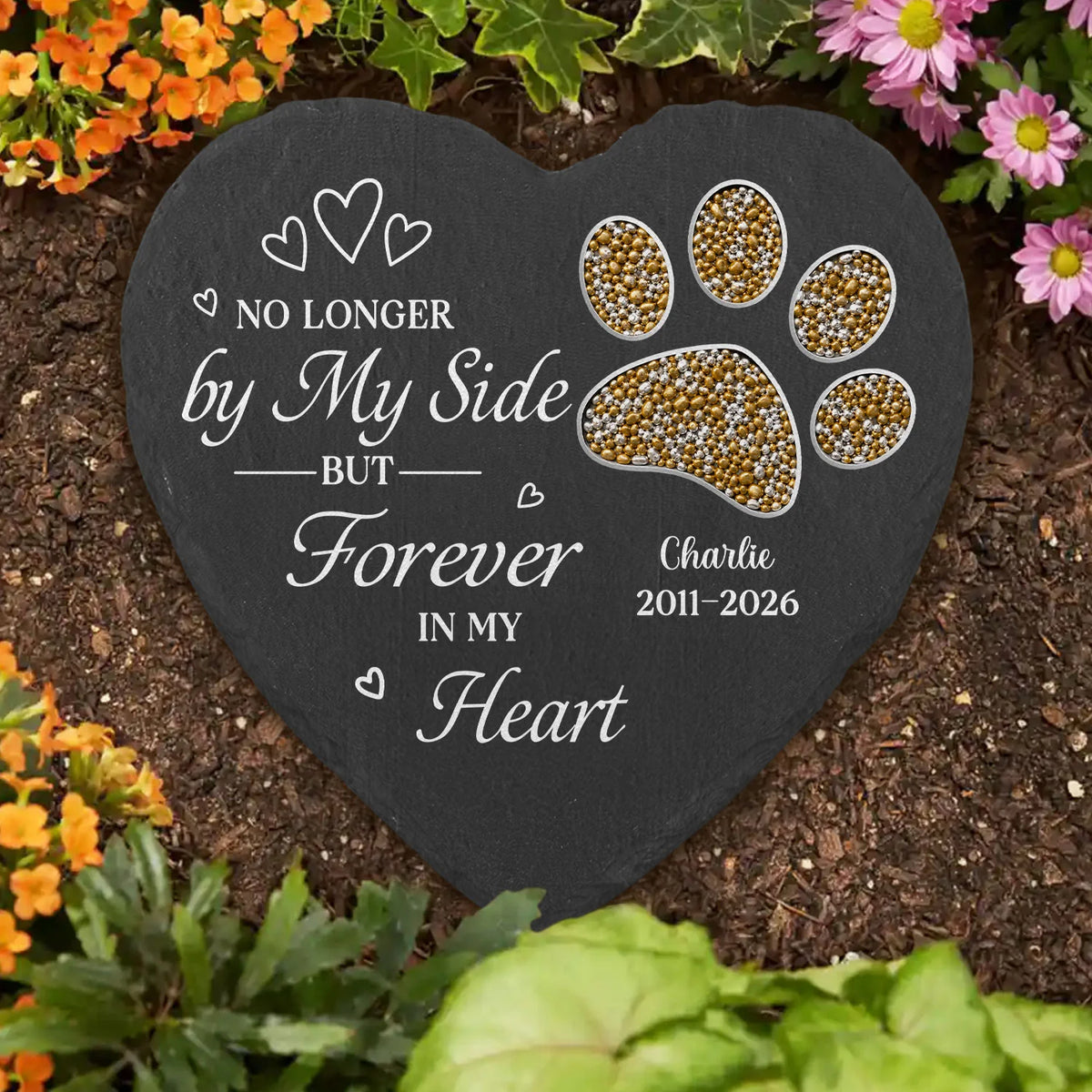"No Longer By My Side" Personalized Pet Memorial Stone - Custom Paw Print Keepsake