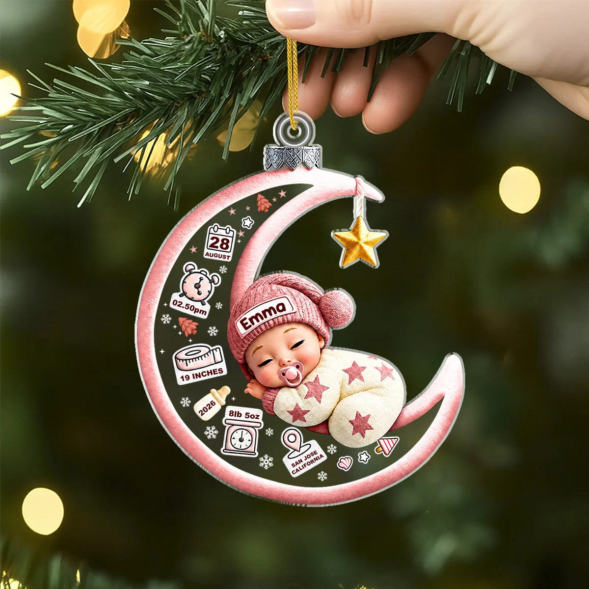 Personalized Sleeping Baby on Crescent Moon Acrylic Ornament - Custom Newborn Keepsake Gift for New Mom & Baby Shower