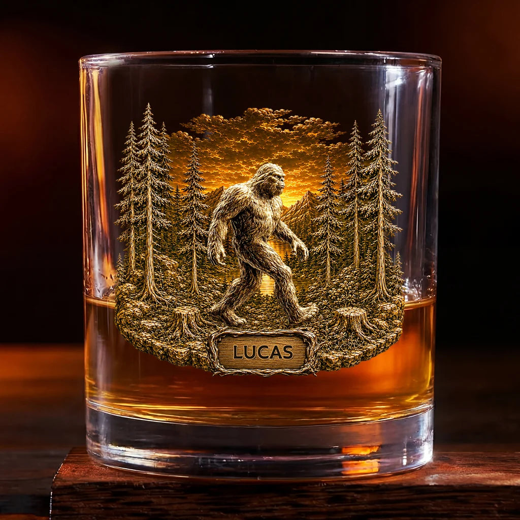 Personalized Bigfoot Sasquatch Whiskey Glass - Custom Name Gifts for Him