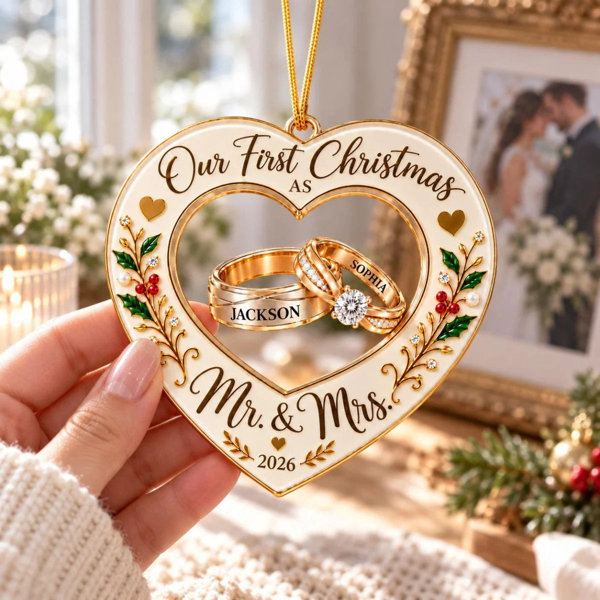 Our First Christmas As Mr. & Mrs. - Personalized Couple Wooden Heart Ornament Gift