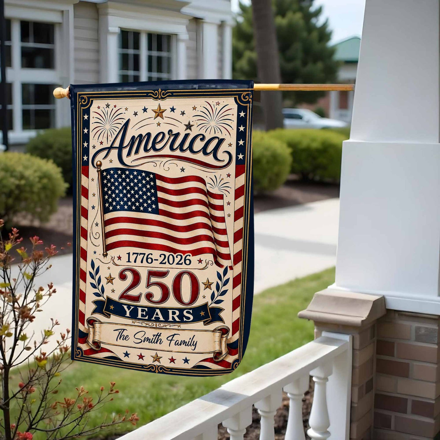 Personalized America 250 Years garden flag with custom family name and USA flag design for patriotic outdoor decor image 8