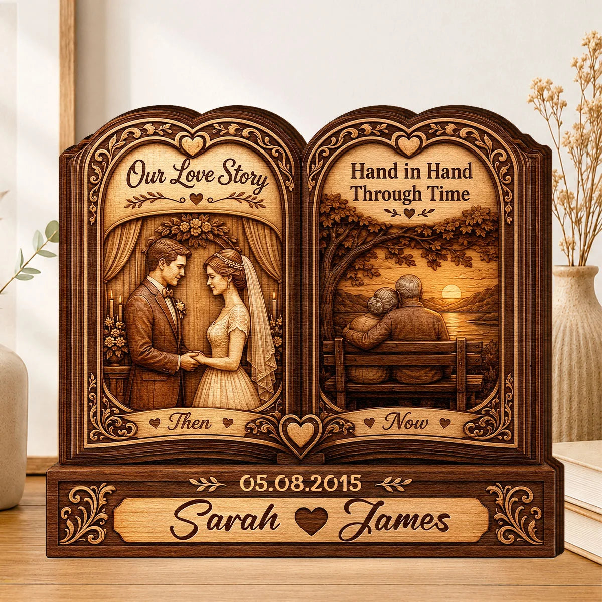 Our Love Story Personalized Wooden Block - Hand in Hand Custom Couple Anniversary Gift for Wife Husband
