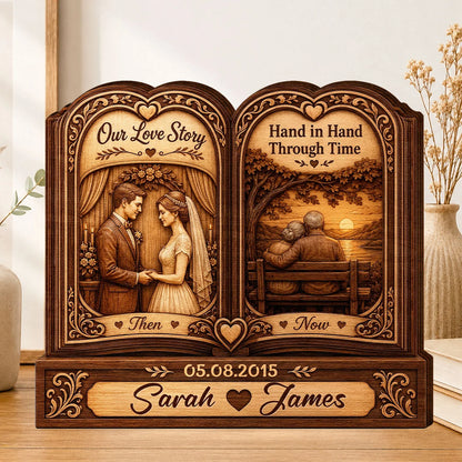 Our Love Story Personalized Wooden Block - Hand in Hand Custom Couple Anniversary Gift for Wife Husband
