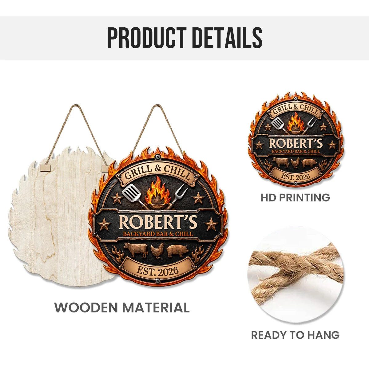 Grill & Chill Backyard Bar Personalized Wood Sign - Custom BBQ Decor Gift for Dad