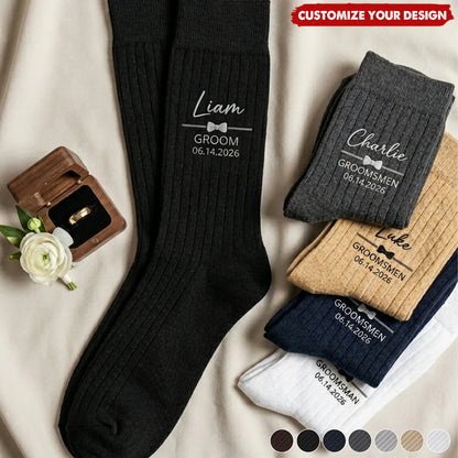 Personalized groomsmen socks with custom name and date for wedding party gift