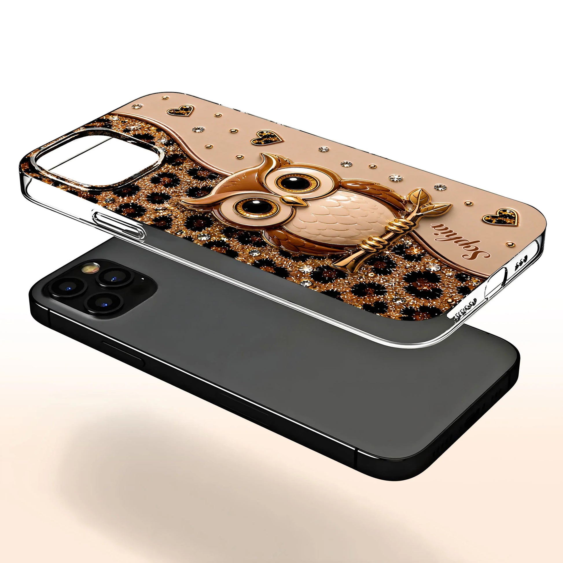 Personalized clear phone case featuring a cute wise owl on a branch with leopard print glitter hearts design image 7