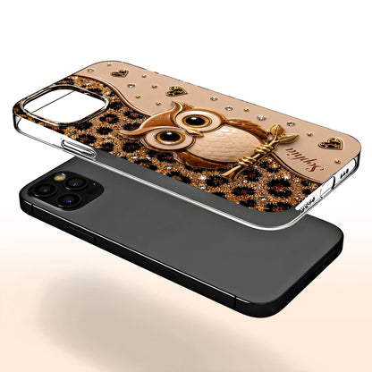 Personalized clear phone case featuring a cute wise owl on a branch with leopard print glitter hearts design image 7