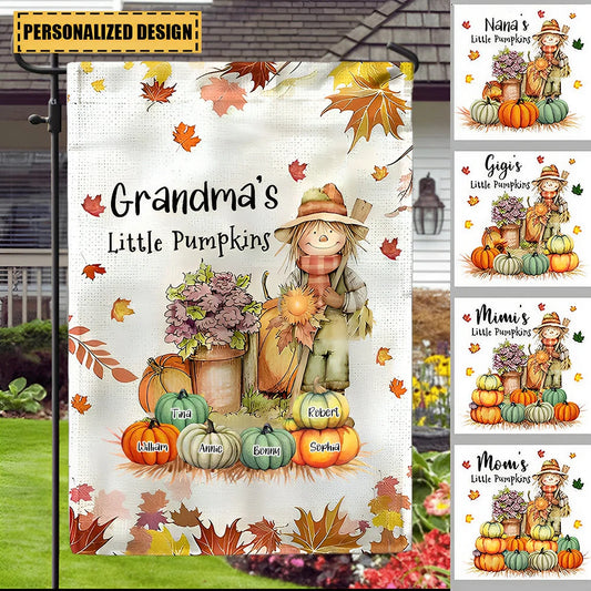 Custom grandma's little pumpkins fall garden flag featuring personalized grandkids names on colorful autumn pumpkins