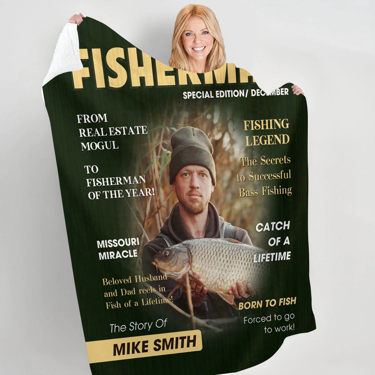 Born to Fish Custom Photo Cover Blanket - Personalized Fishing Blanket Gift for Dad & Husband