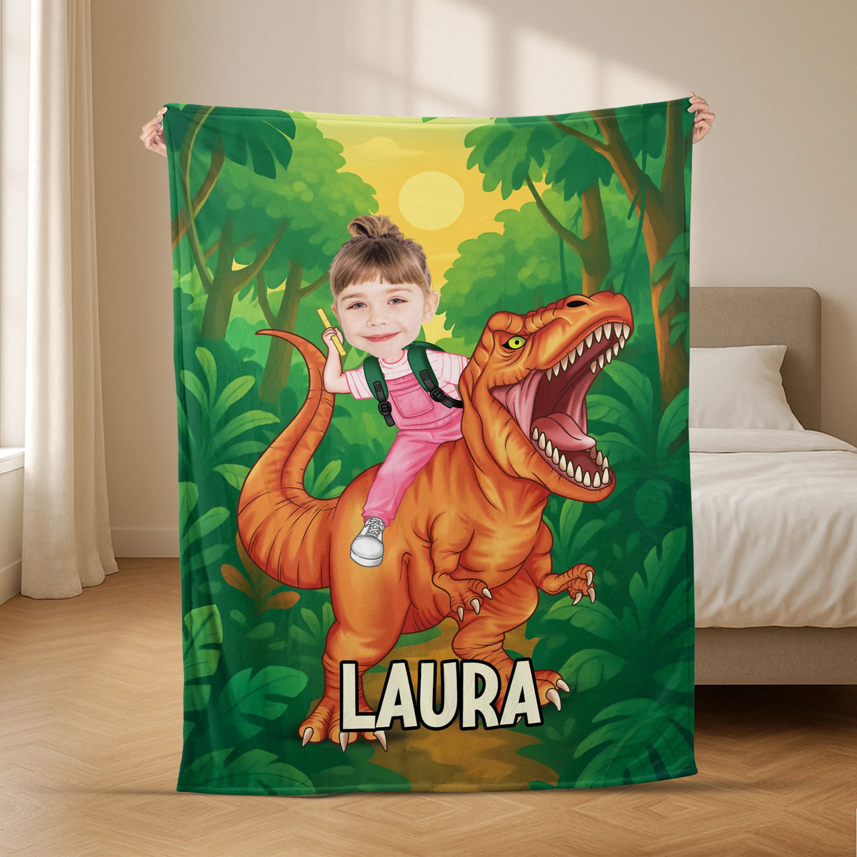 Custom Photo T-Rex Adventure Personalized Dinosaur Blanket - Cozy Birthday Throw Gift for Kids
