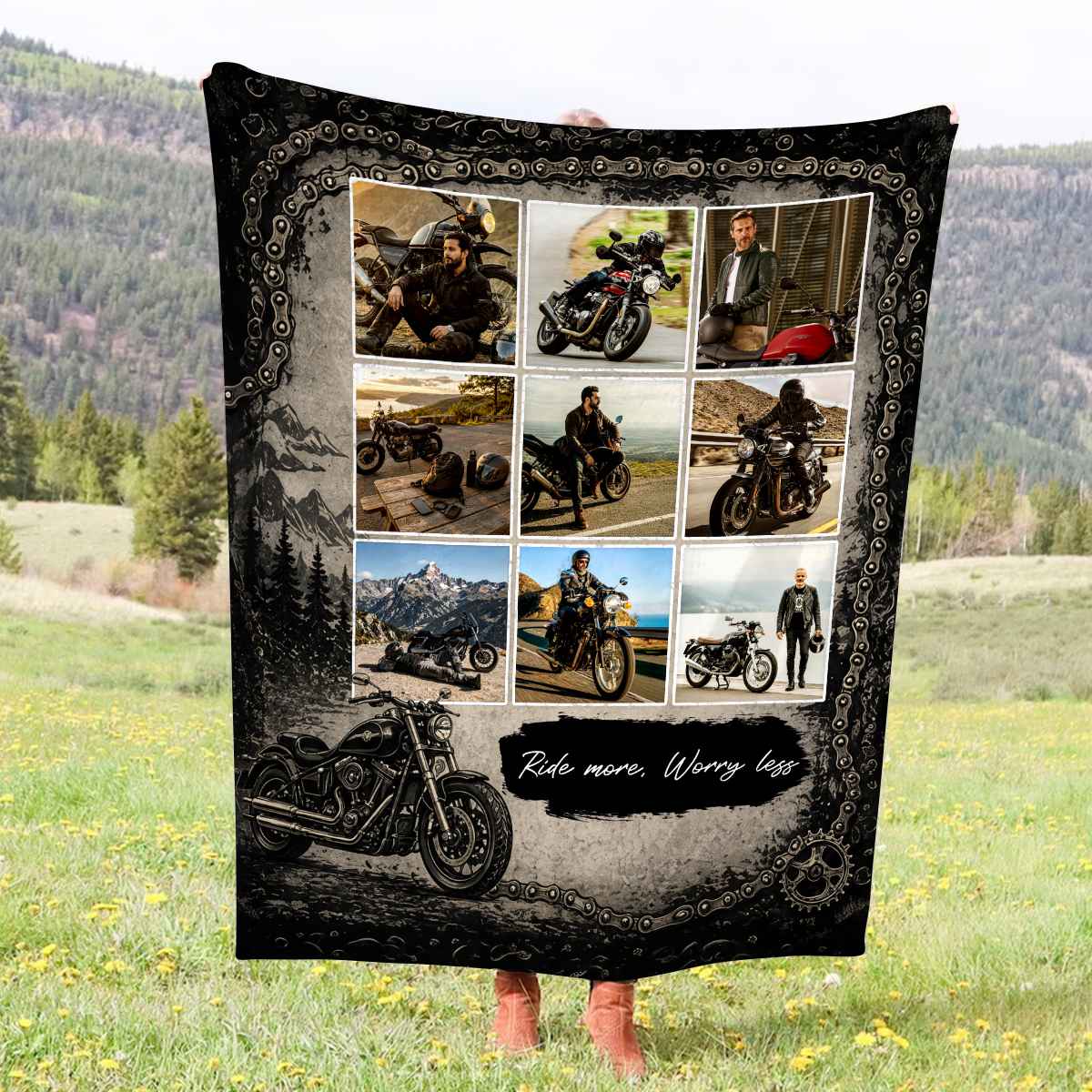 "Ride More Worry Less" Personalized Motorcycle Photo Collage Blanket - Custom Biker Gift for Riders