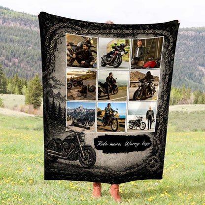 "Ride More Worry Less" Personalized Motorcycle Photo Collage Blanket - Custom Biker Gift for Riders
