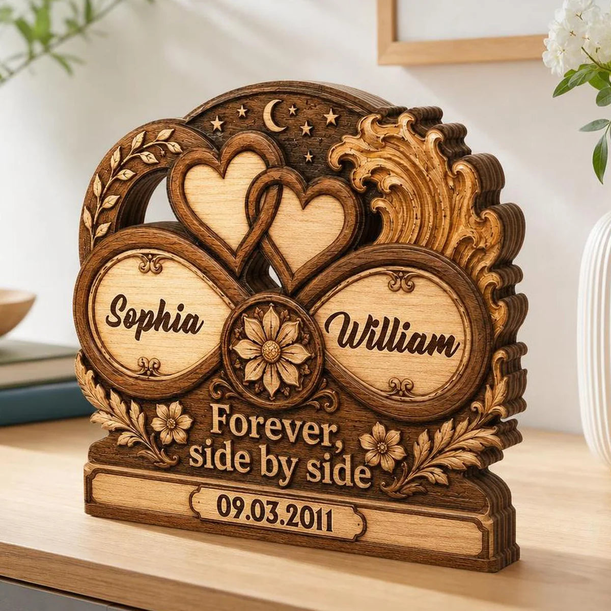 Forever Side By Side Personalized Couple Wooden Block - Custom Anniversary Gift for Wife, Husband