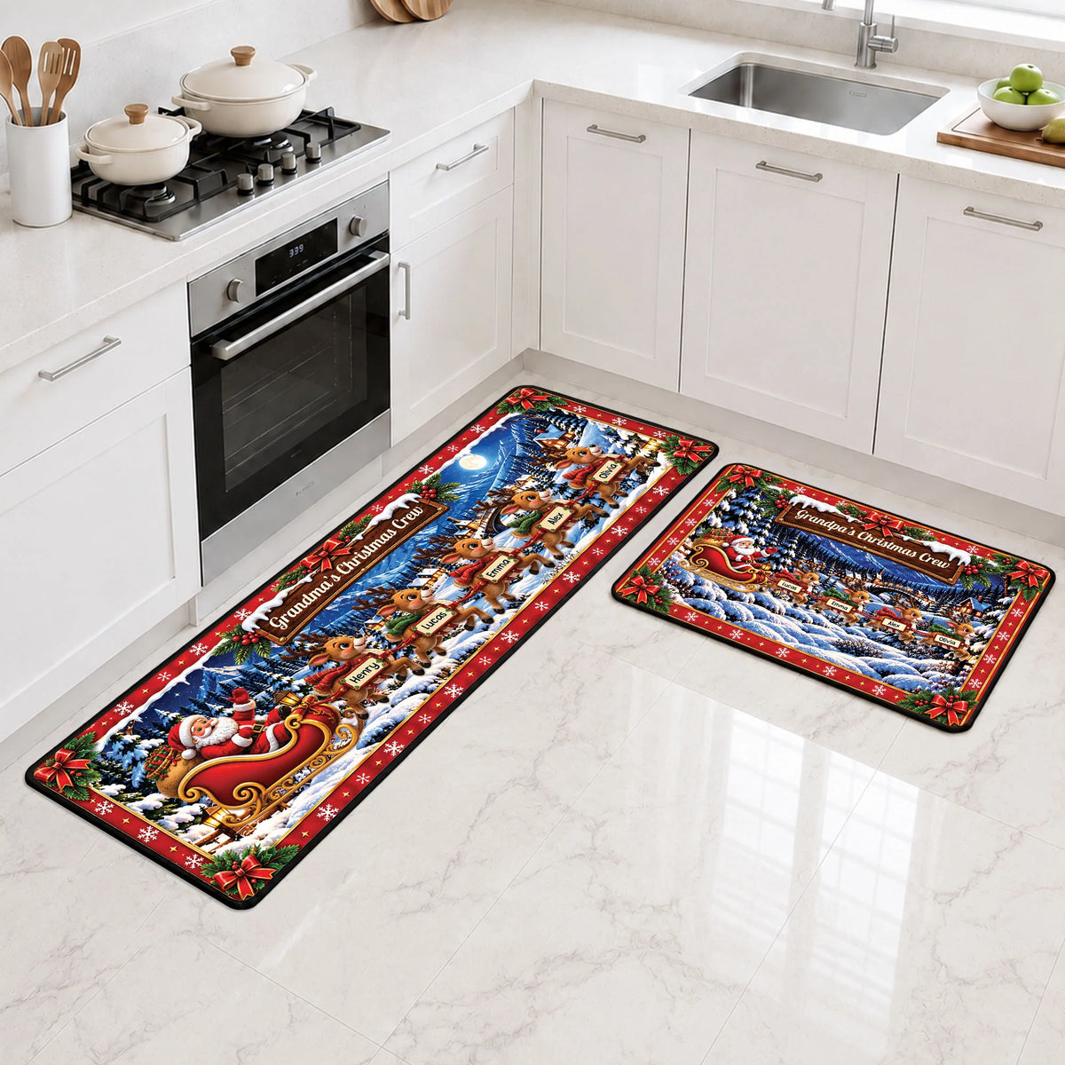 Grandma's Christmas Crew Reindeer Personalized Runner Rug - Custom Holiday Kitchen Mat for Family