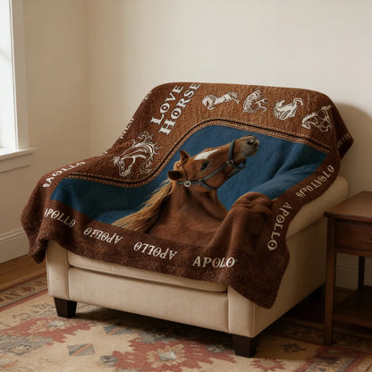 Love Horse Personalized Photo Blanket - Custom Equestrian Throw Gift for Horse Lovers