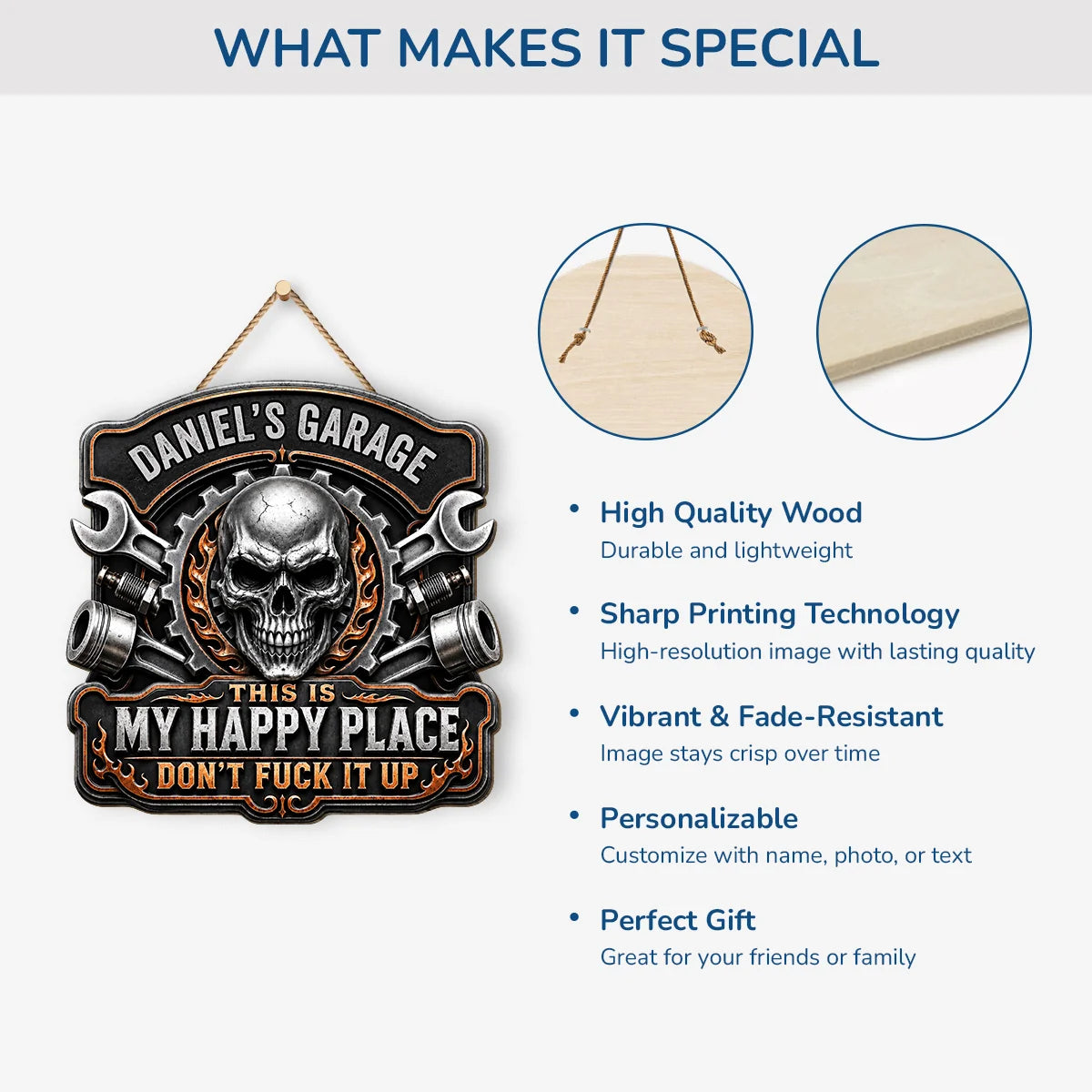 "This Is My Happy Place" Skull Garage Wood Sign - Personalized Garage Decor for Men