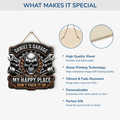 "This Is My Happy Place" Skull Garage Wood Sign - Personalized Garage Decor for Men