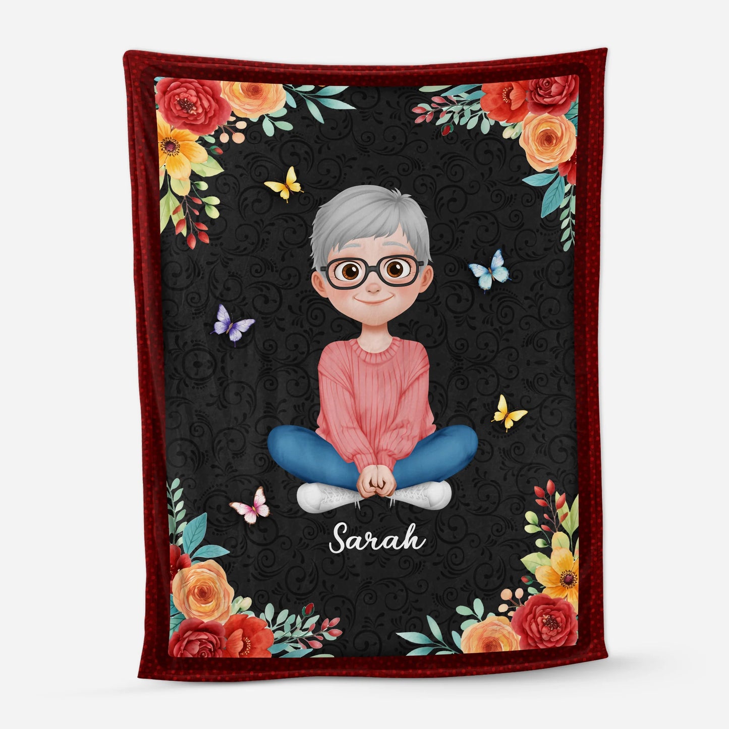 Custom Chibi Character Blanket with Name - Personalized Floral Keepsake Gift for Grandma & Mom