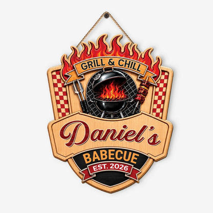 Grill and Chill Personalized Wood Sign - Custom BBQ Barbecue Sign Gift
