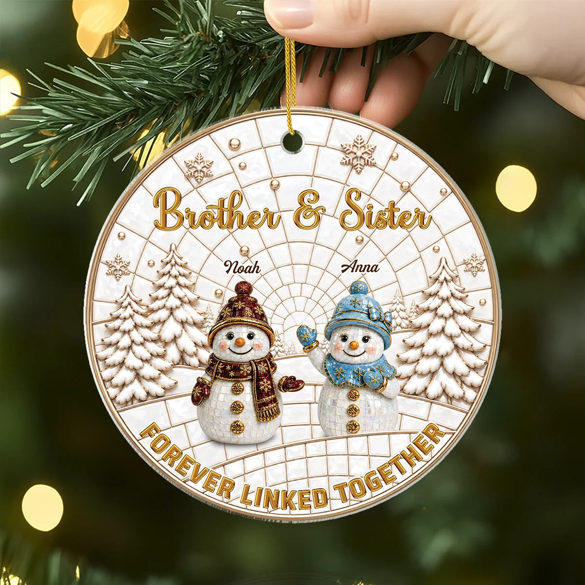 Forever Linked Together Custom Names Snowman Acrylic Ornament - Personalized Siblings Christmas Gift for Brother & Sister