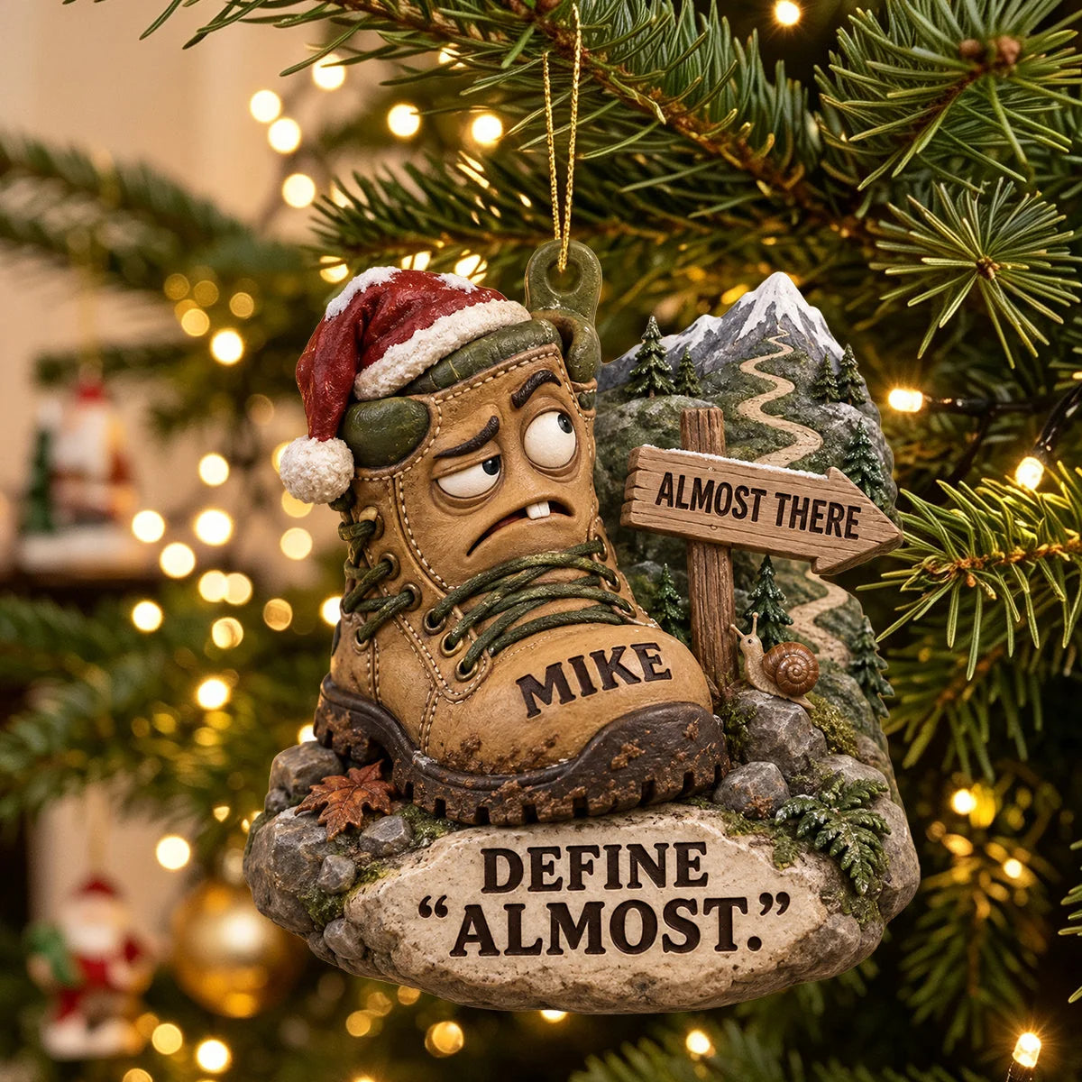 "Define Almost" Personalized Hiking Boots Christmas Ornament - Funny Hiker Gift for Outdoor Lovers