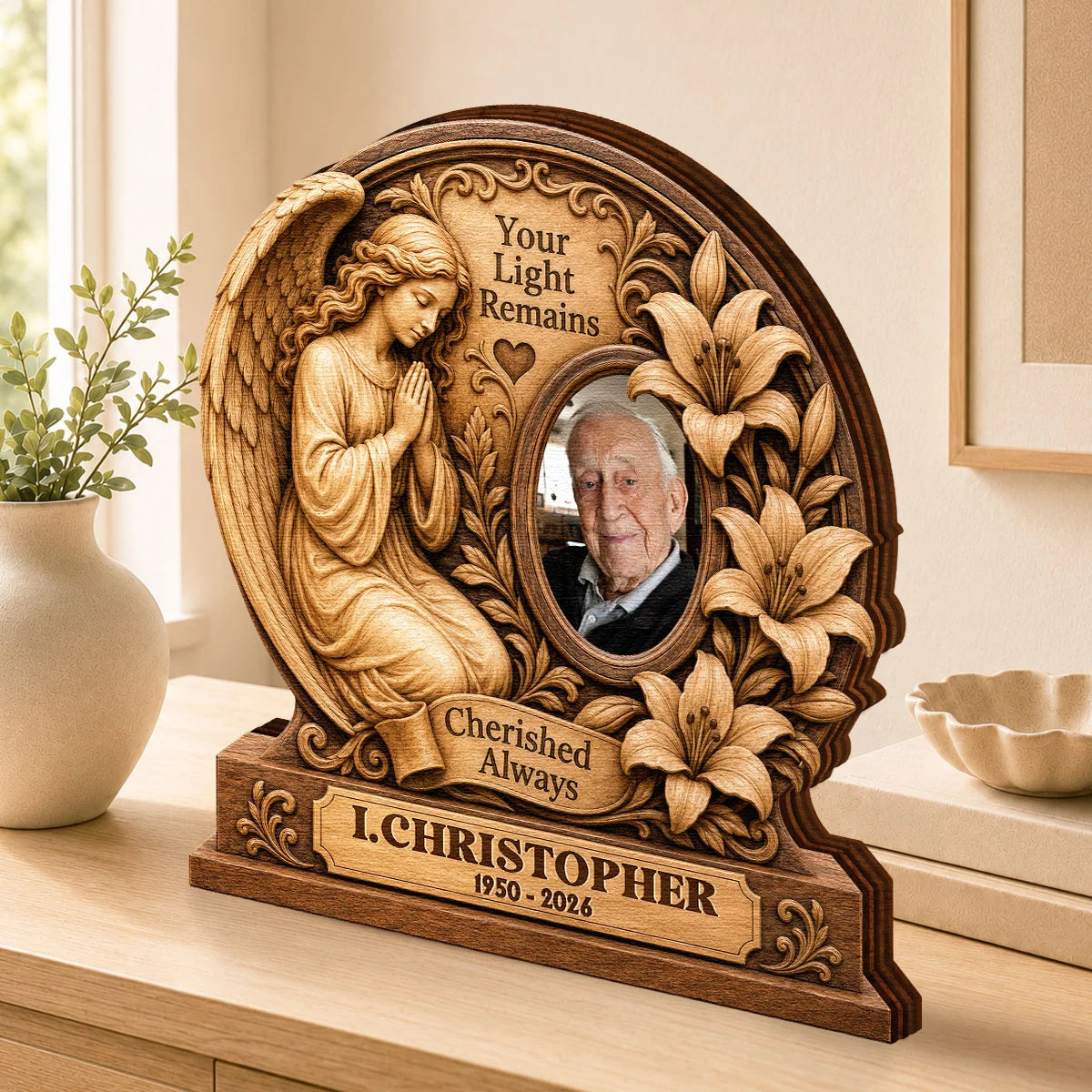 "Your Light Remains Cherished Always" Personalized Memorial Wooden Block - Custom Photo Bereavement Gift for Family