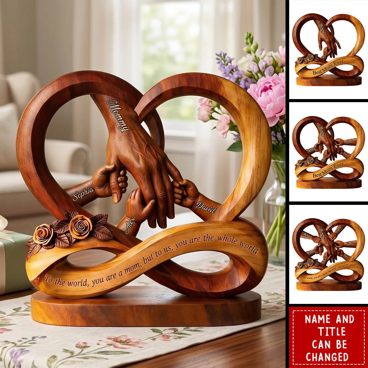 Personalized mom plaque with interlocking family hands and names - custom wooden sign gift for Mother's Day