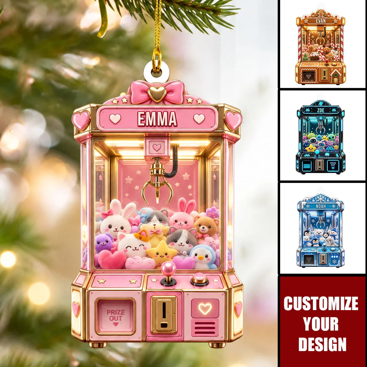 Custom Claw Machine Christmas Ornament - Personalized Name Plush Toy Arcade Tree Decor for Kids