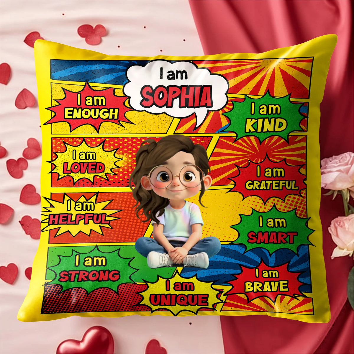 "I Am Enough Kind Loved" Custom Name Kids Affirmation Pillow - Personalized Birthday Gift for Daughter