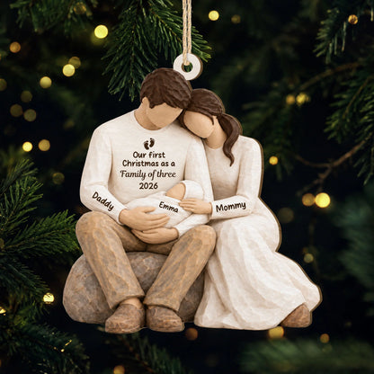 Our First Christmas as a Family of Three - Personalized Wood Ornament for New Parents