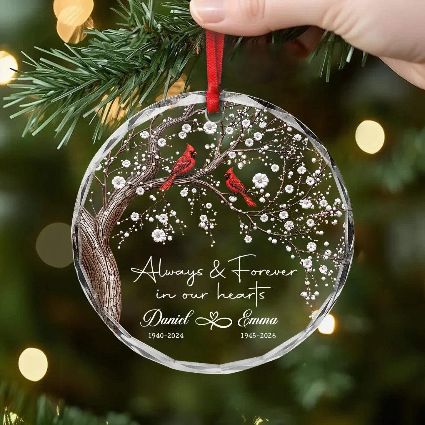 Always Forever In Our Hearts Custom Glass Ornament - Memorial Keepsake Gift for Family