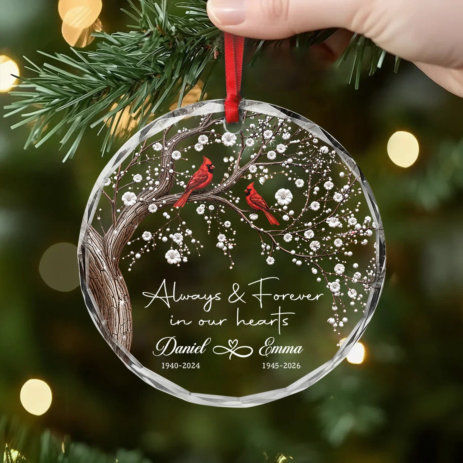 Always Forever In Our Hearts Custom Glass Ornament - Memorial Keepsake Gift for Family