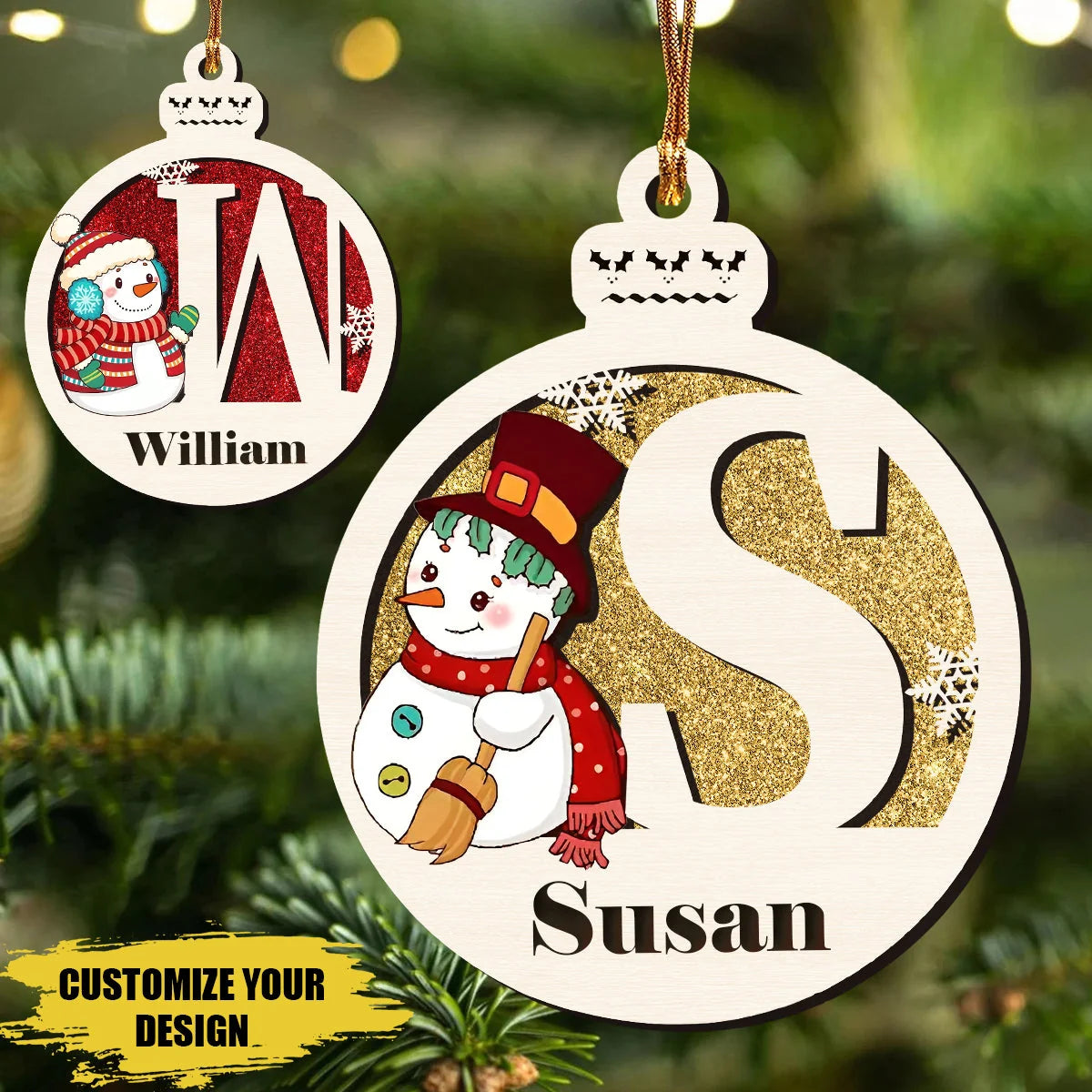 Personalized Snowman Family Wooden Ornament - Custom Name Christmas Keepsake Gift