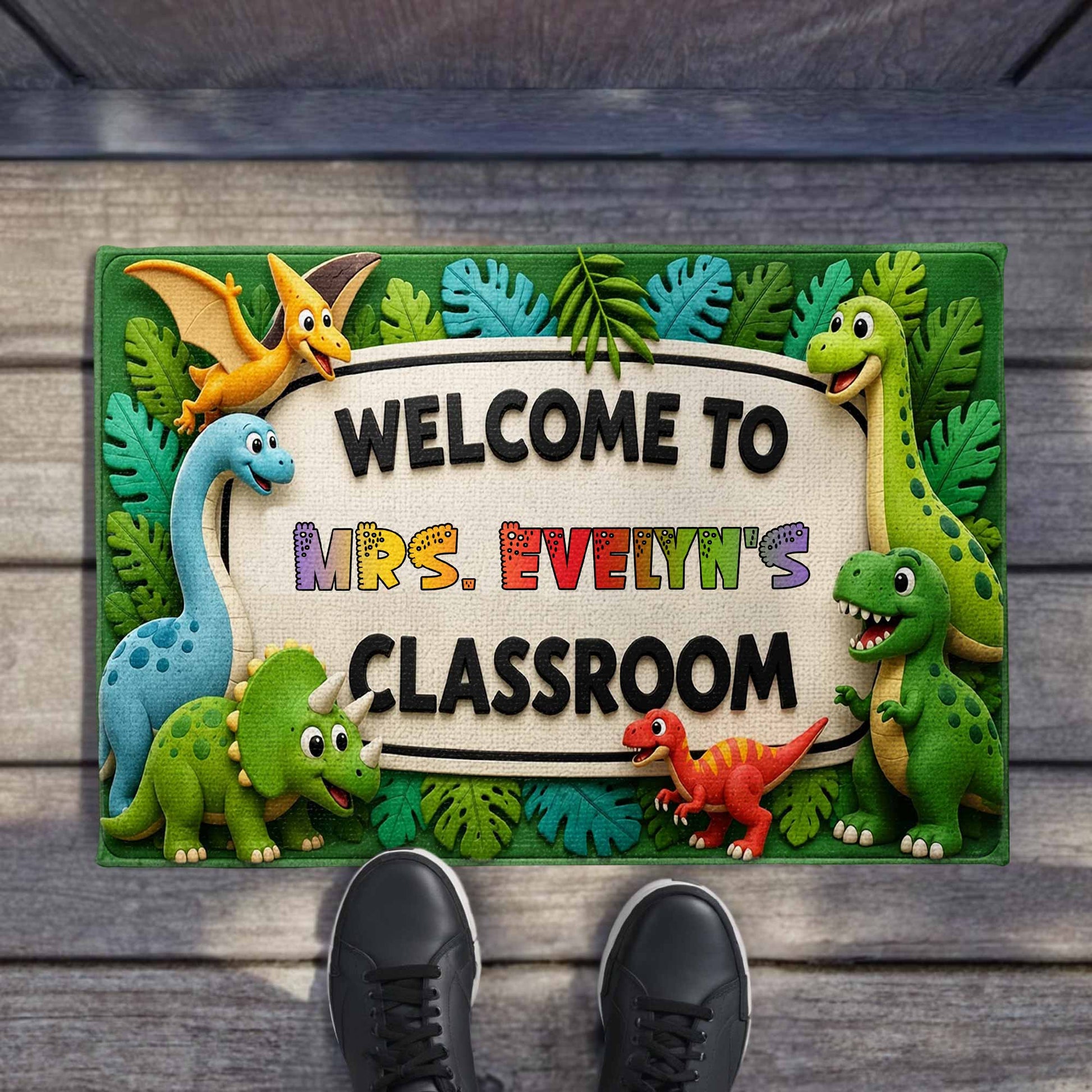 Custom Dinosaur Classroom Doormat personalization view for Teacher