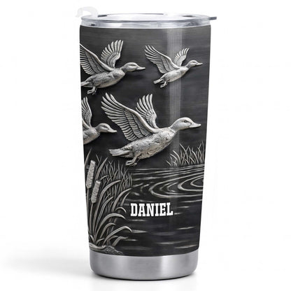 Geese In Flight Over Tranquil Landscape Tumbler