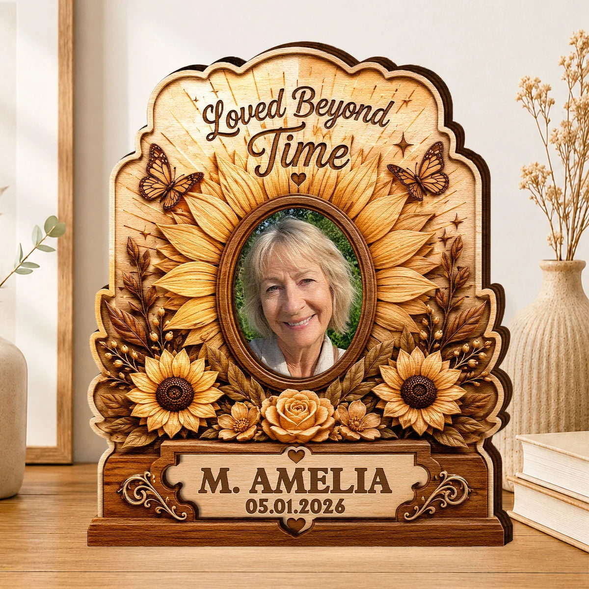 "Loved Beyond Time" Personalized Photo Wooden Block - Custom Memorial Keepsake Gift for Loss of Loved One